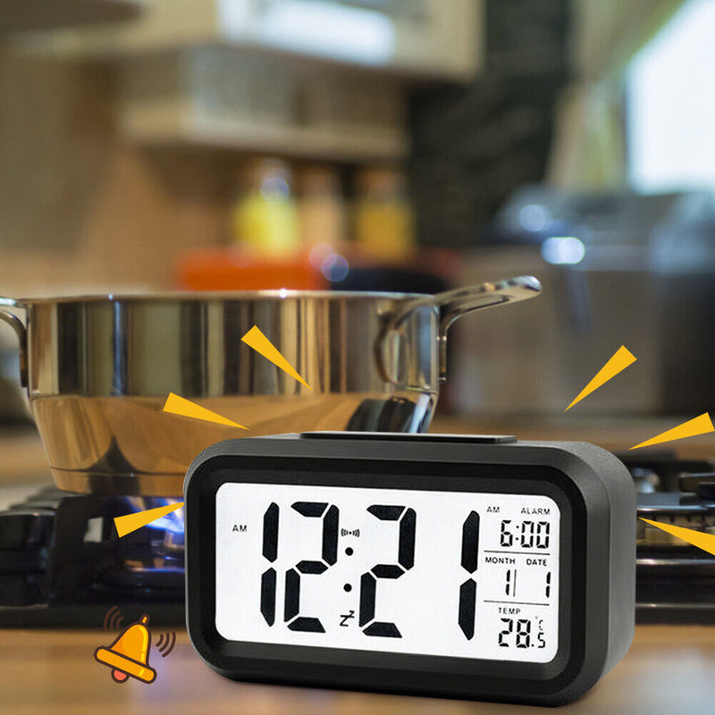 Temperature Alarm Clock LED Digital Backlight Calendar Snooze Clock (Black)