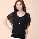 Plus Size Women Bat Short Sleeve Tops Solid Color Chiffon Summer Ruffles Blouse
