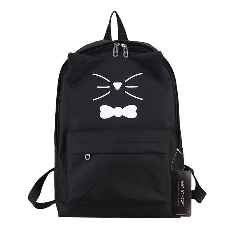 Women PU Leather Lovely Cartoon Cat Printed Backpack Shoulder Bag(Black)