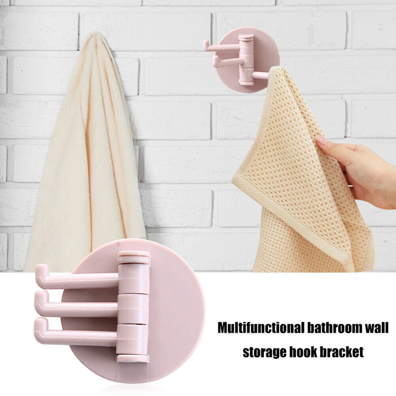 Bathroom Wall Hanging Rotatable 3 Hooks Adhesive Bracket Holder (Pink) Newly
