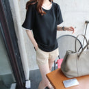 Women Bottom T-Shirt Solid Color Half Sleeve O-neck Tee Shirt (Black L)