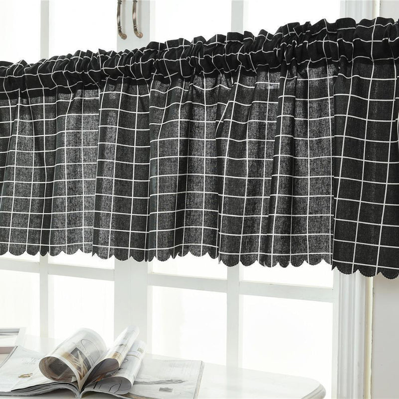 Roman Blackout Windows Half-Curtains Kitchen Short Valance (Black Plaid)