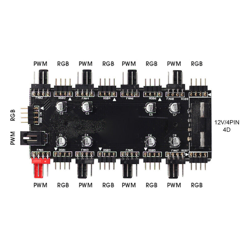 1 To 8 Multi Way RGB PWM HUB Splitter for PC Fan 12V/4 Pin LED Light Adapter