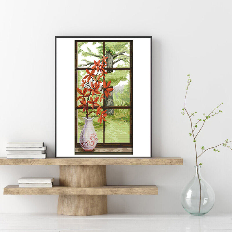 Partial Cross Stitch Cotton Needlework Kit Printed Red Leaves Decor Handicraft
