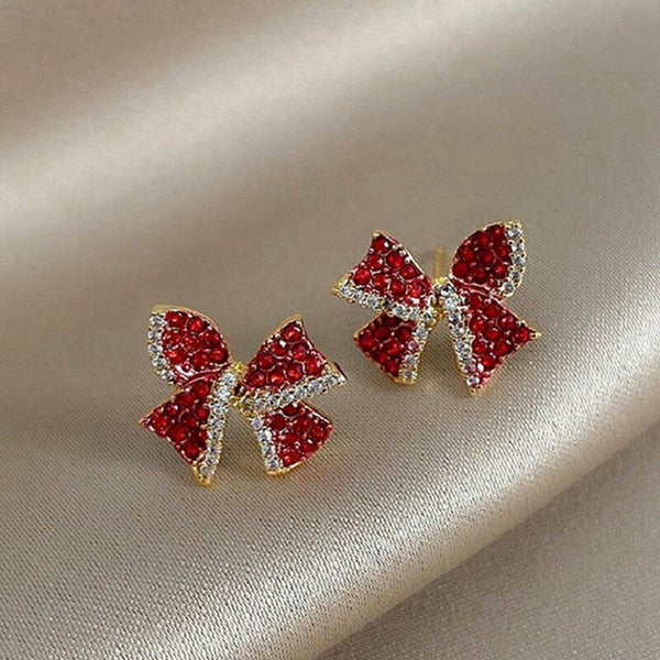 Women Hoop Rhinestone Copper Red Bow Earrings Stud Jewelry Zircon Dangle