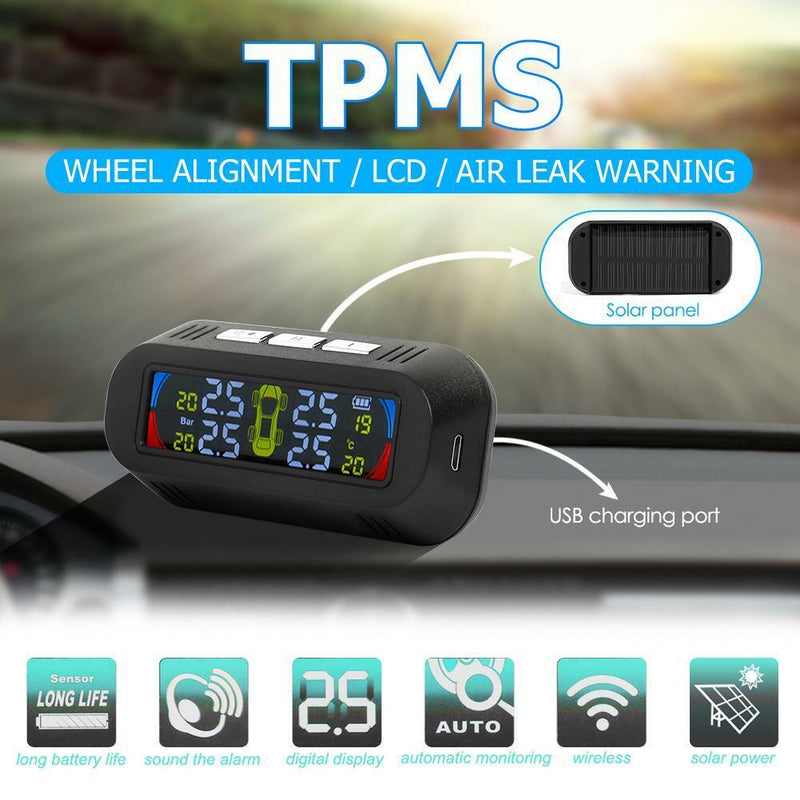 Wireless Solar TPMS LCD Car Tire Pressure Monitoring System + 4 External Sensors