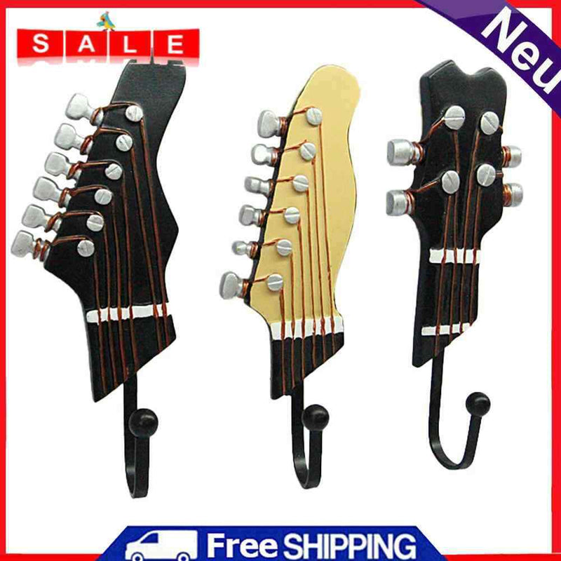 3pcs Retro Guitar Head Hooks Wall Mounted Clothes Hat Sundries Hanger Home Decor