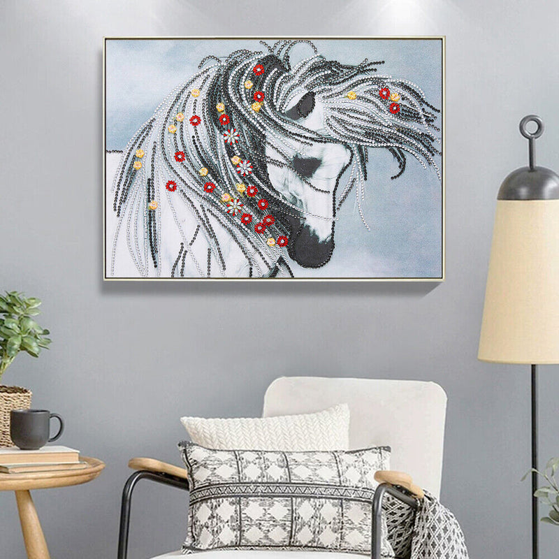 Mosaic Special Shaped DIY 5D White Horse Diamond Painting Drawing Wall Kit Newly