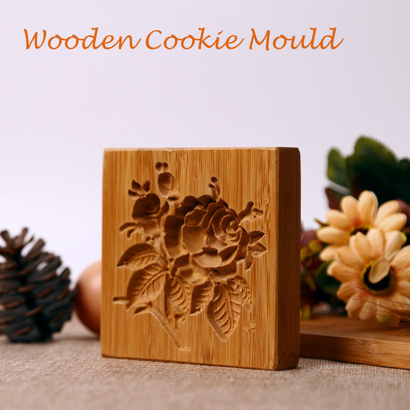 Wooden Cookie Mold Flower Pine Cone Shape Carved Stamp for Biscuit Baking Too