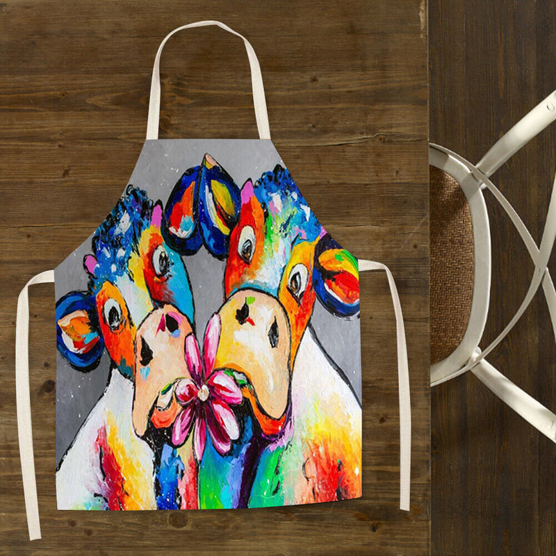 Oil Paint Cattle Print Kitchen Linen Apron Waterproof Bibs Pinafore for Women