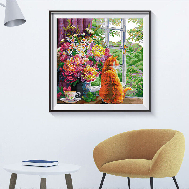 Partial Embroidery 14CT DIY Cat Flowers 2 Strands Kit Stamped Cross Stitch Craft