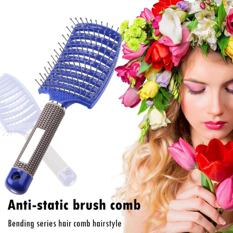 Plastic Nylon Anti-Static Hair Brush Curved Row Scalp Massager Comb (Blue)