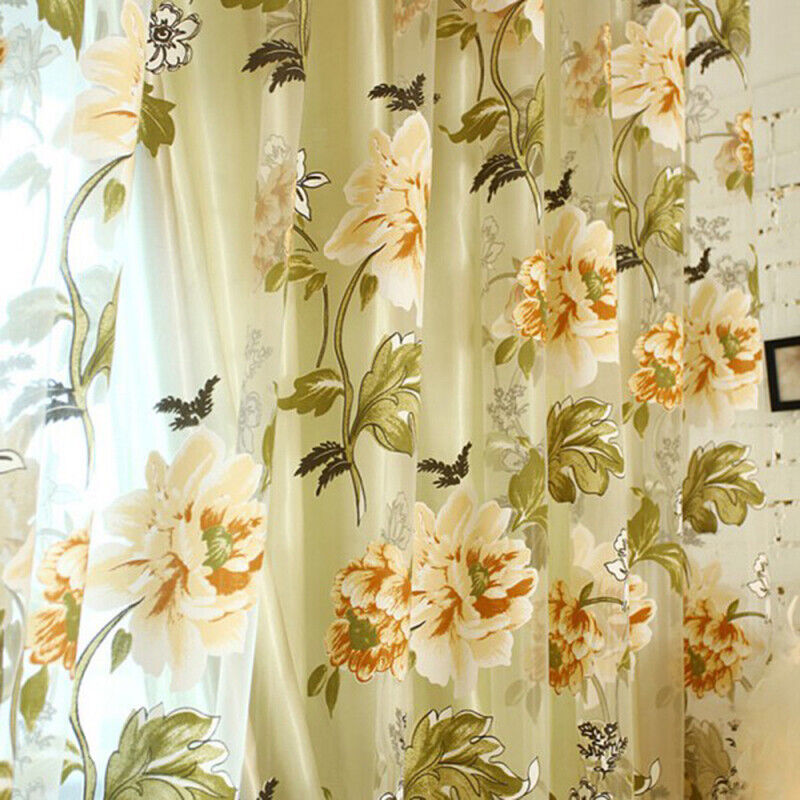 Window Curtain Flower Sheer Pattern Voile Valances Yellow 100x200cm
