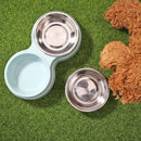 Dog Double Bowl Puppy Food Feeder Stainless Steel Pets Drinking Dish (Blue)