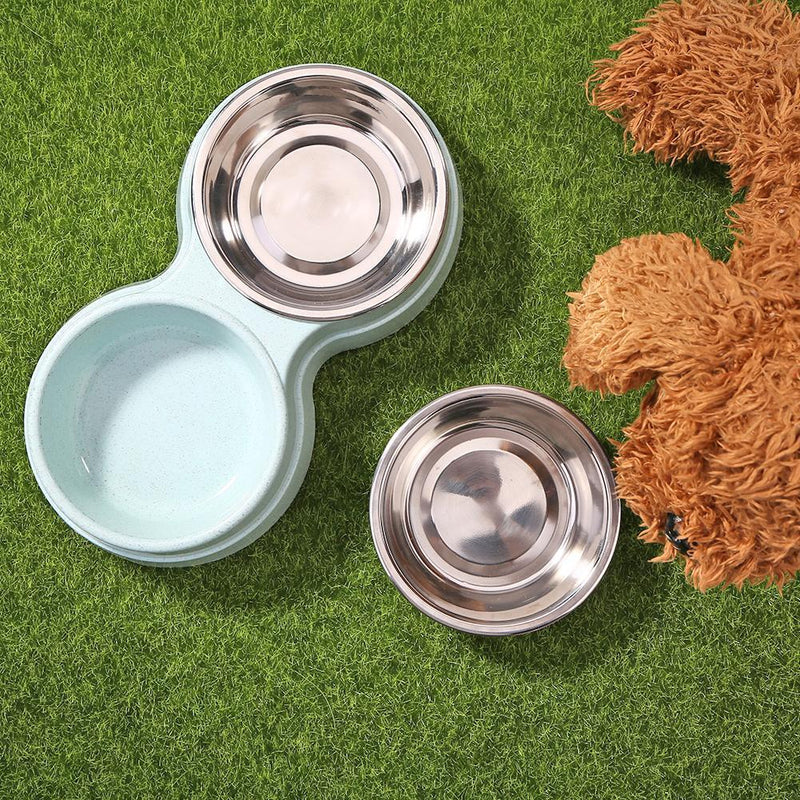 Dog Double Bowl Puppy Food Feeder Stainless Steel Pets Drinking Dish (Blue)