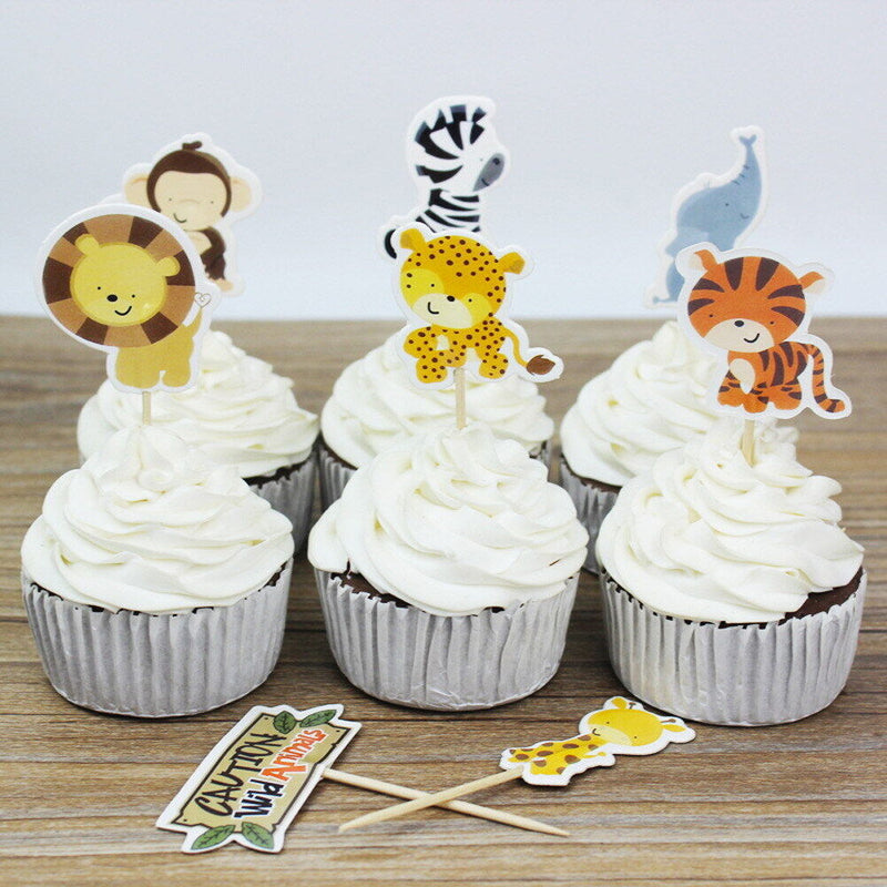 24pcs Cake Dessert Inserted Card with Zoo Animal Elephant Lion Pattern