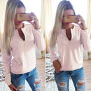 Women Autumn Solid Color Long Sleeve Blouse Top Shirt Pink XL