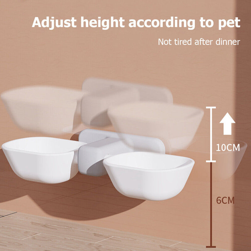 Double Pet Bowls Cats Dogs Wall Mounted Automatic Adjustable Dish Food Feeder