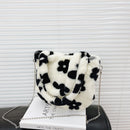 Fashion Women Flower Print Plush Shoulder Bag Winter Chain Handbags (White)