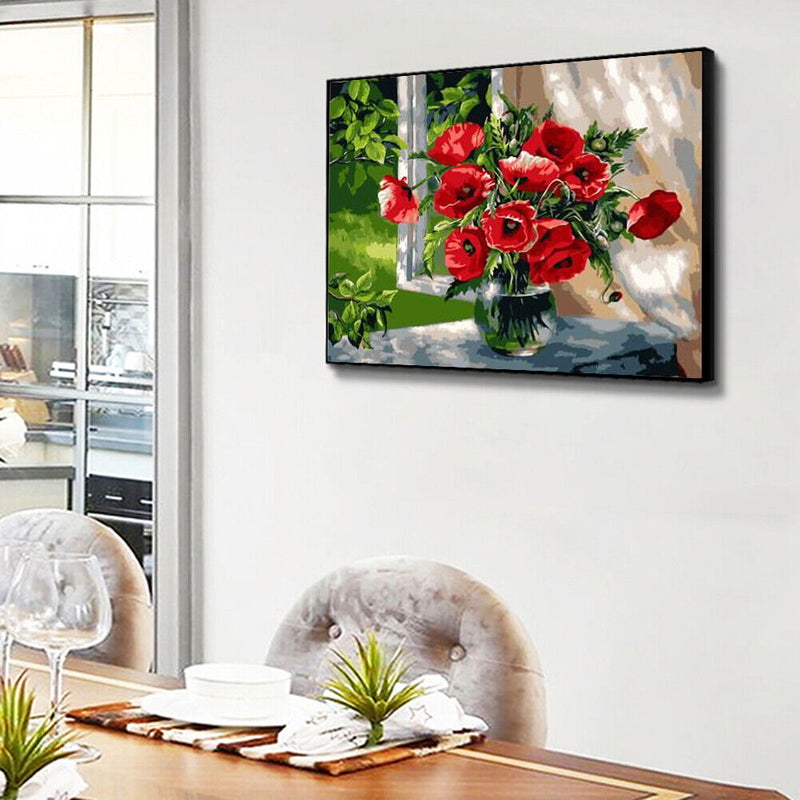 Oil Paint By Numbers Picture DIY Painting Red Flower Handmade Gift for Adults