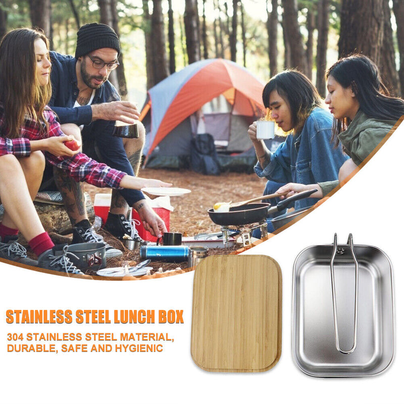 Steel Lunch Box Bamboo Wood Cover Portable Picnic Barbecue Bento Container Newly