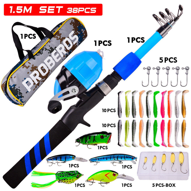 #A 1.5m/1.8m Telescopic Kids Fishing Rod Combo Set Fishing Tackle with Lures Hoo