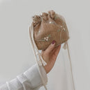 Drawstring Shoulder Handbags Straw Women Lace Flower Decor Crossbody Sling Bags