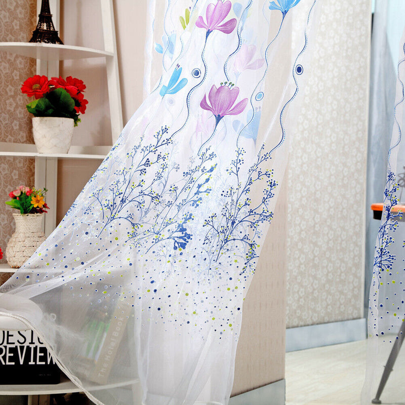 Flowers Print Translucent Curtains Windows Decor Tulle Sheer Drapes Blue