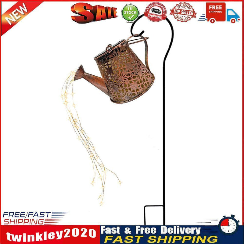 LED Solar Watering Can Lamp Garden Art Metal Iron Kettle Light (B Hook Up) Newly