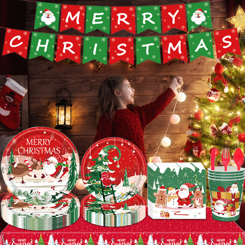 9pcs/set Xmas Party Tableware Waterproof Xmas Paper Cups Plates Festive Supplies