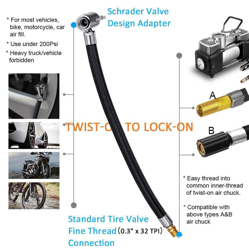 Lock-on Air Chuck with Rubber Hose Car Motorcycle Tire Tyre Pump Hose Adapter