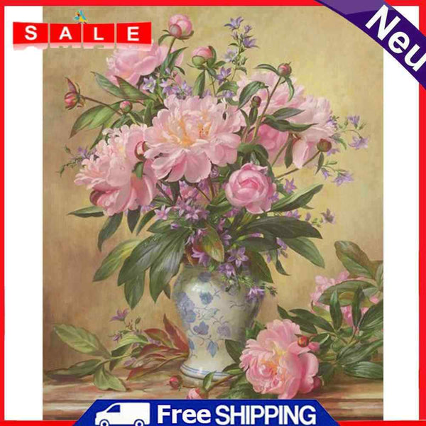 Oil Paint By Numbers Pink Peony Frameless Picture Craft Kits for Living Room