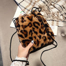 Fashion Plush Drawstring Shoulder Handbag Cow Leopard Printed Girl Messenger Bag
