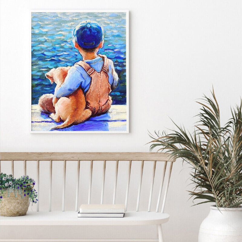 Holding Dog Boy Oil Paint By Numbers Kits Canvas Picture DIY Wall Art Craft