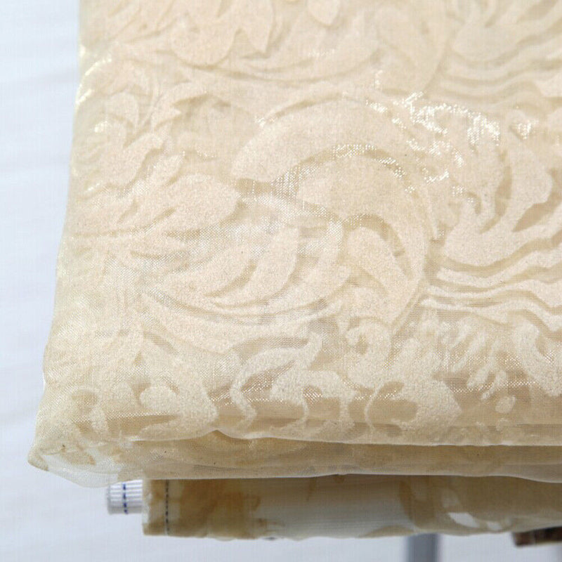 Flocking Floral Tulle Printed Window Door Curtain for Living Room (Beige)