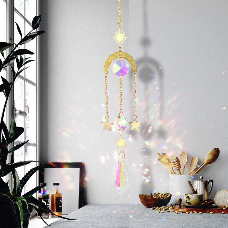 4pcs Hanging Crystal Light Catcher Metal Moon Sun Garden Wall Wind Chime Newly