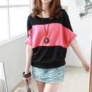 Fashion Casual Women Summer T-shirts Bat Sleeves Loose Tops (Black)(L)