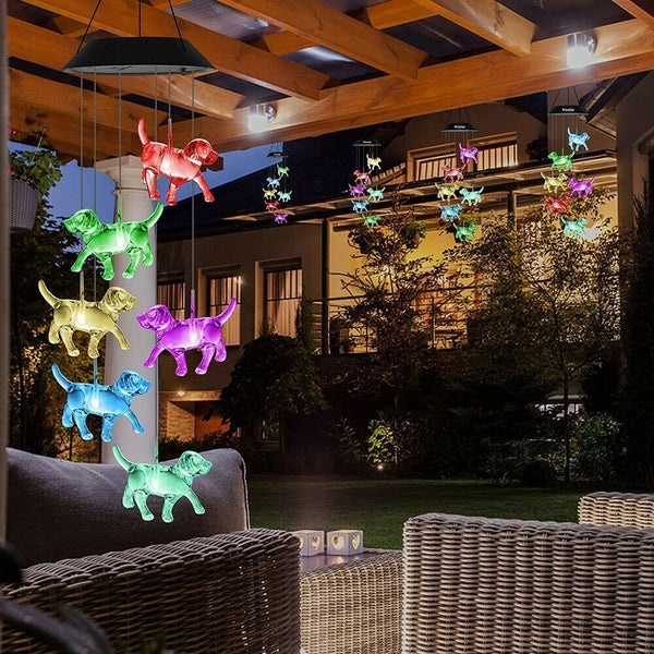Yard Outdoor Wind Chime Patio LED Discolored Crystal Dog Solar Chime