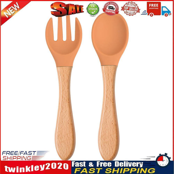 Baby Wooden Silicone Feeding Spoon Toddlers BPA-free Tableware (25) Newly
