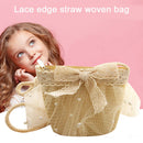 Summer Kids Girls Straw Shoulder Bag Lace Bow Beach Hat Coin Purse (Beige)