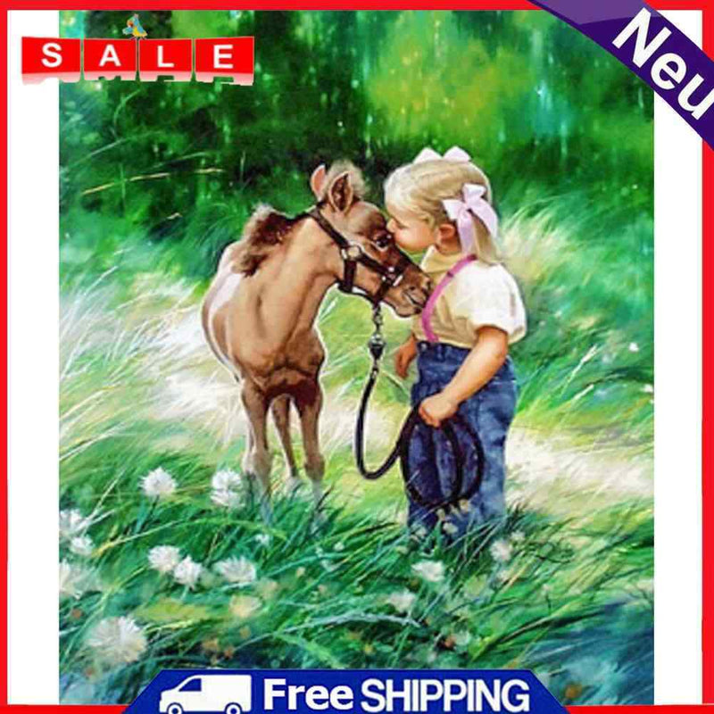5D Round Diamond Painting Cross Stitch Donkey and Girl Full Drill Home Decor