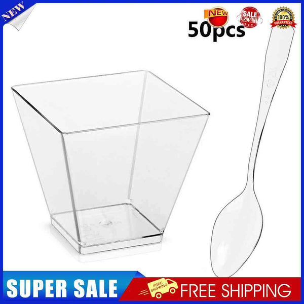 50pcs Food Cups Kitchen Decor Cake Cup with Spoon Set for Jelly Mousse Ice