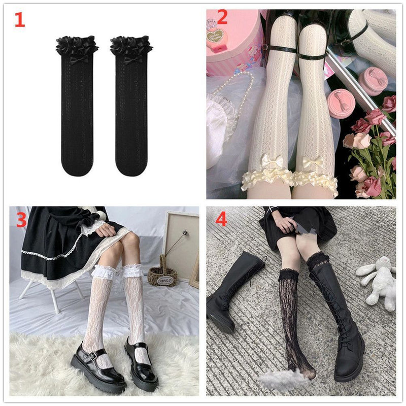 Elastic Maid Girl Gift Knee High Lace Bow Socks Transparent Lolita Socks