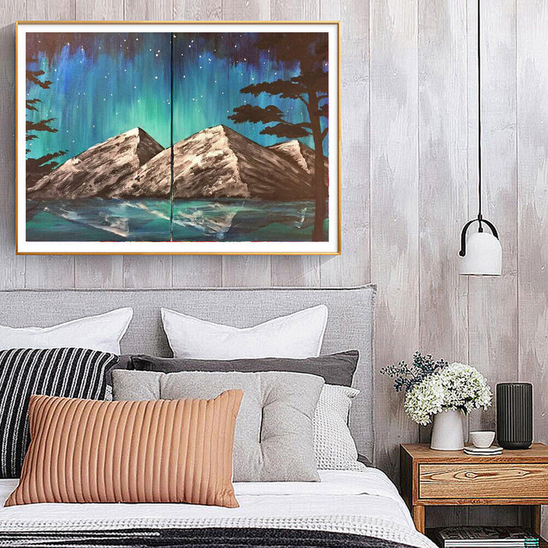 Aurora Night Mountains Oil Paint By Numbers 2 Panels DIY Picture for Adults K