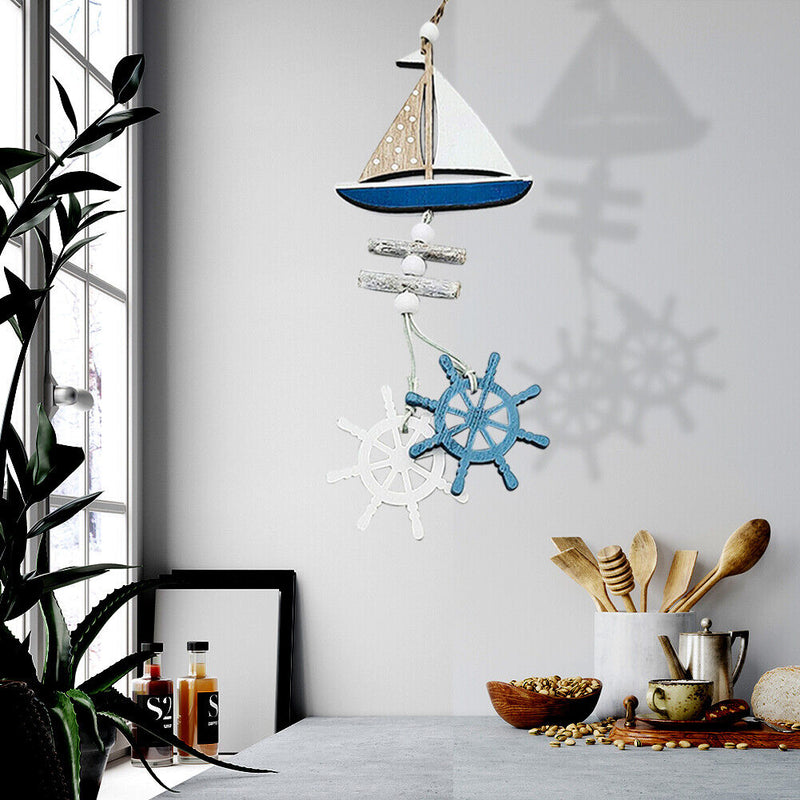 Ocean Wooden Hanging Ornaments Ship Fish Oceanic Series Craft Pendant (B) Newly