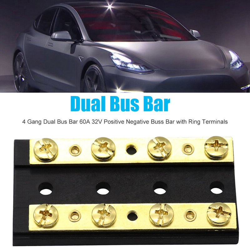 4 Gang Dual Bus Bar 60A 32V Positive Negative Buss Bar with Ring Terminals Newly