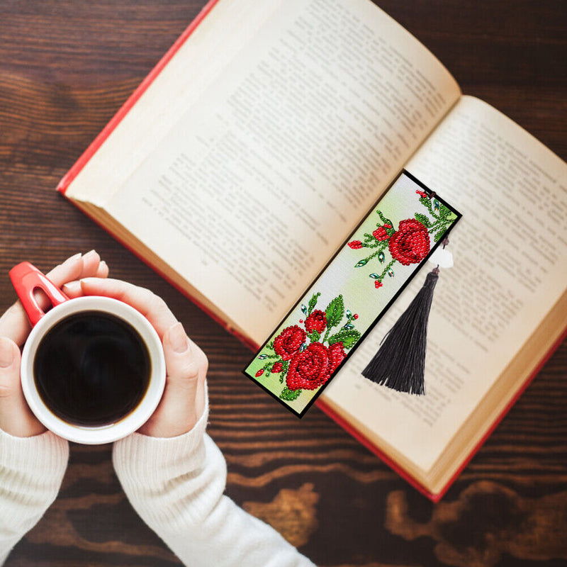 Tassel Red Flowers Leather DIY Special Shape Diamond Painting Bookmark Art Craft