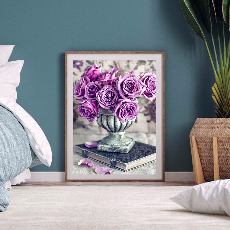 Full Drawing Diamond Drill Painting Round DIY Purple Rose 5D Home Decoration Kit