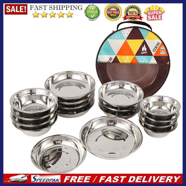 17x Outdoor Tableware Stainless Steel Plate Bowl for Barbecue Picnic Dinnerwa