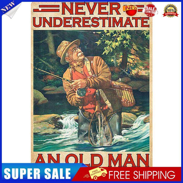Retro Old Man Fishing Metal Plate Painting for Bar Pub Tin Plaque Wall Sign